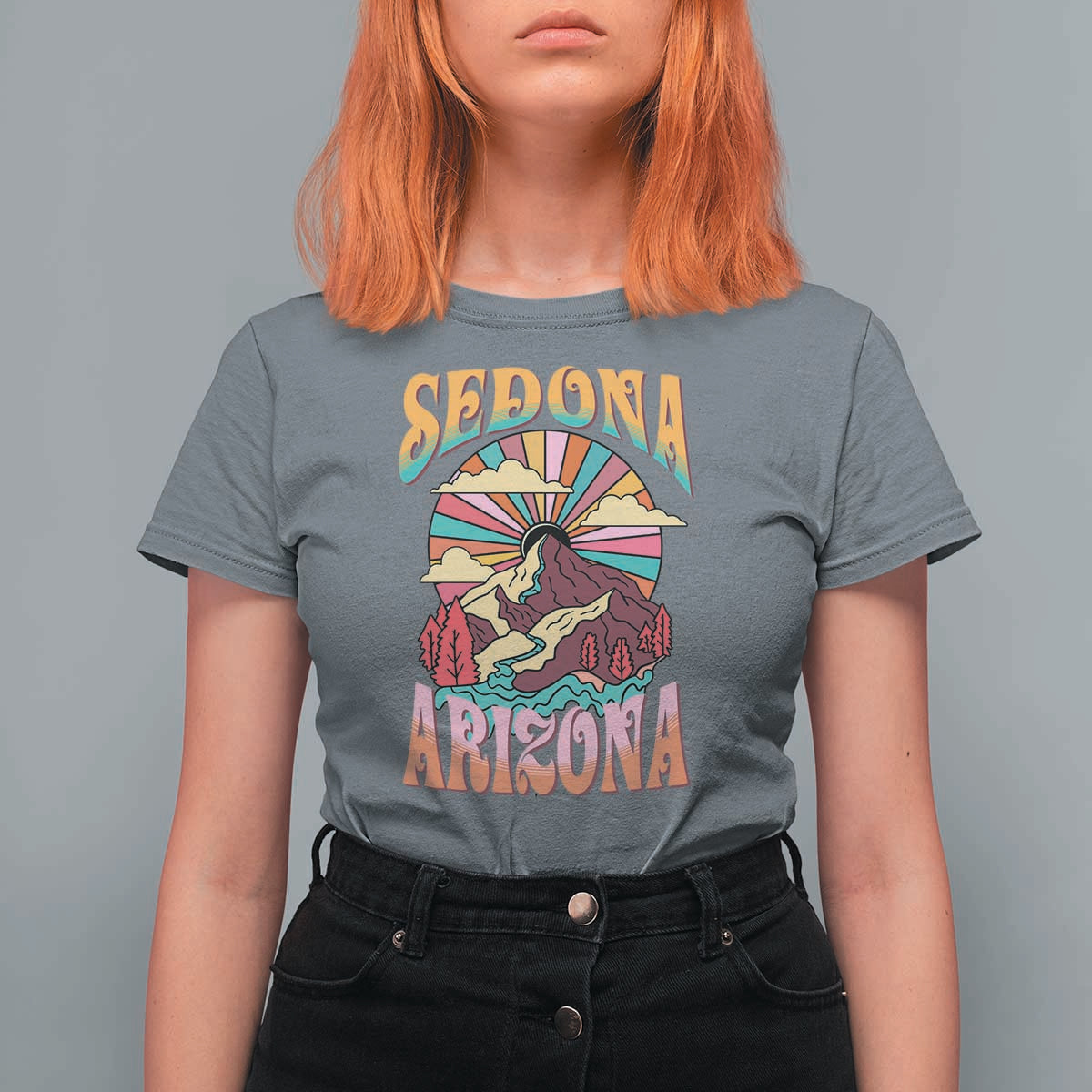 Vintage Retro Sedona Arizona Graphic T Shirt For Women Psychedelic Red Rock Mountain Sunset Travel Souvenir