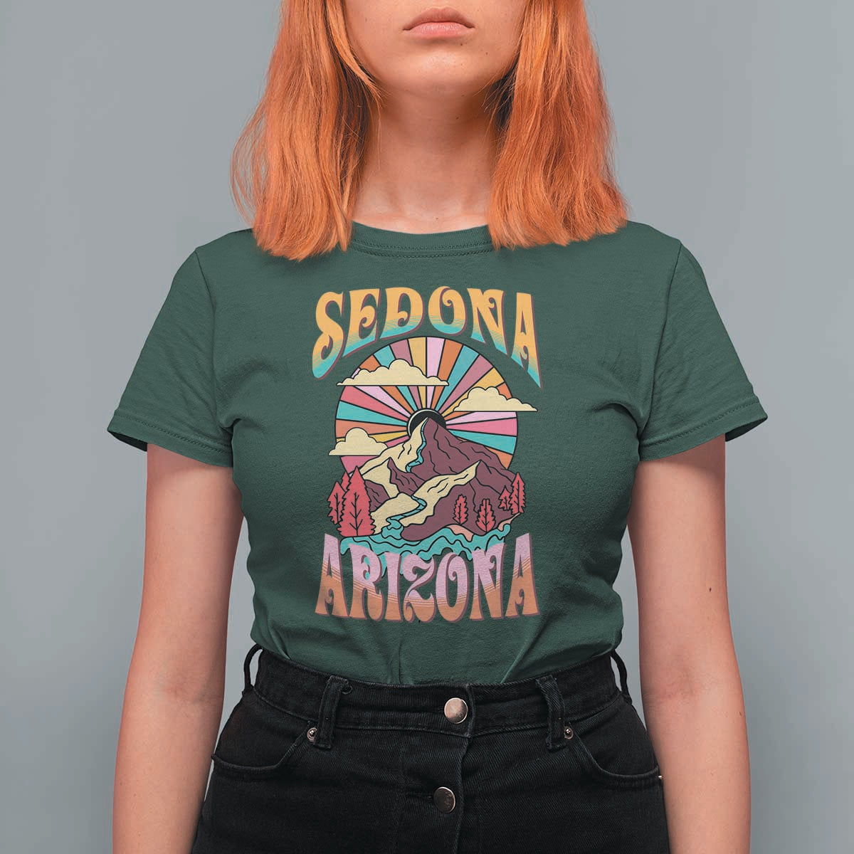 Vintage Retro Sedona Arizona Graphic T Shirt For Women Psychedelic Red Rock Mountain Sunset Travel Souvenir