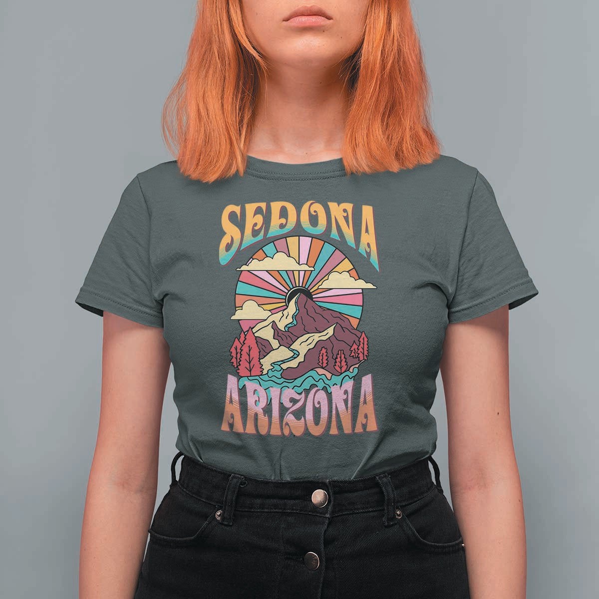 Vintage Retro Sedona Arizona Graphic T Shirt For Women Psychedelic Red Rock Mountain Sunset Travel Souvenir