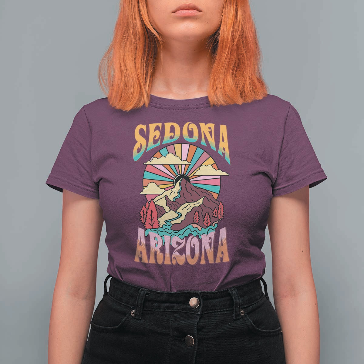 Vintage Retro Sedona Arizona Graphic T Shirt For Women Psychedelic Red Rock Mountain Sunset Travel Souvenir