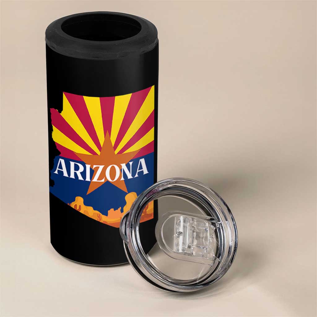 Arizona State Flag Map Graphic 4 in 1 Can Cooler Tumbler Southwest Sunburst Cactus State Pride Souvenir