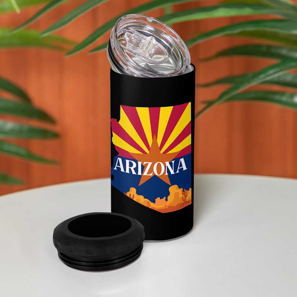 Arizona State Flag Map Graphic 4 in 1 Can Cooler Tumbler Southwest Sunburst Cactus State Pride Souvenir