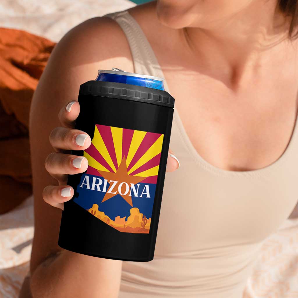 Arizona State Flag Map Graphic 4 in 1 Can Cooler Tumbler Southwest Sunburst Cactus State Pride Souvenir