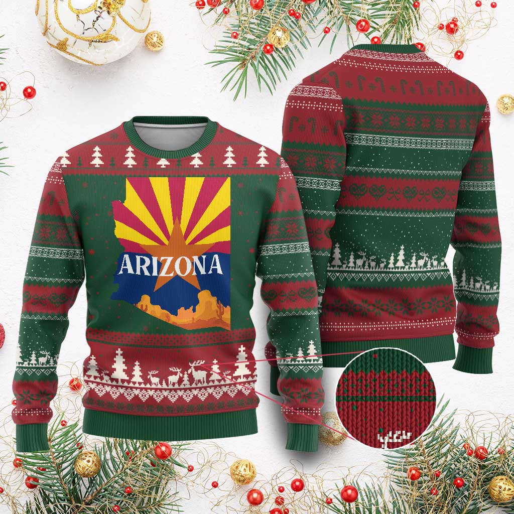 Arizona State Flag Map Graphic Ugly Christmas Sweater Southwest Sunburst Cactus State Pride Souvenir