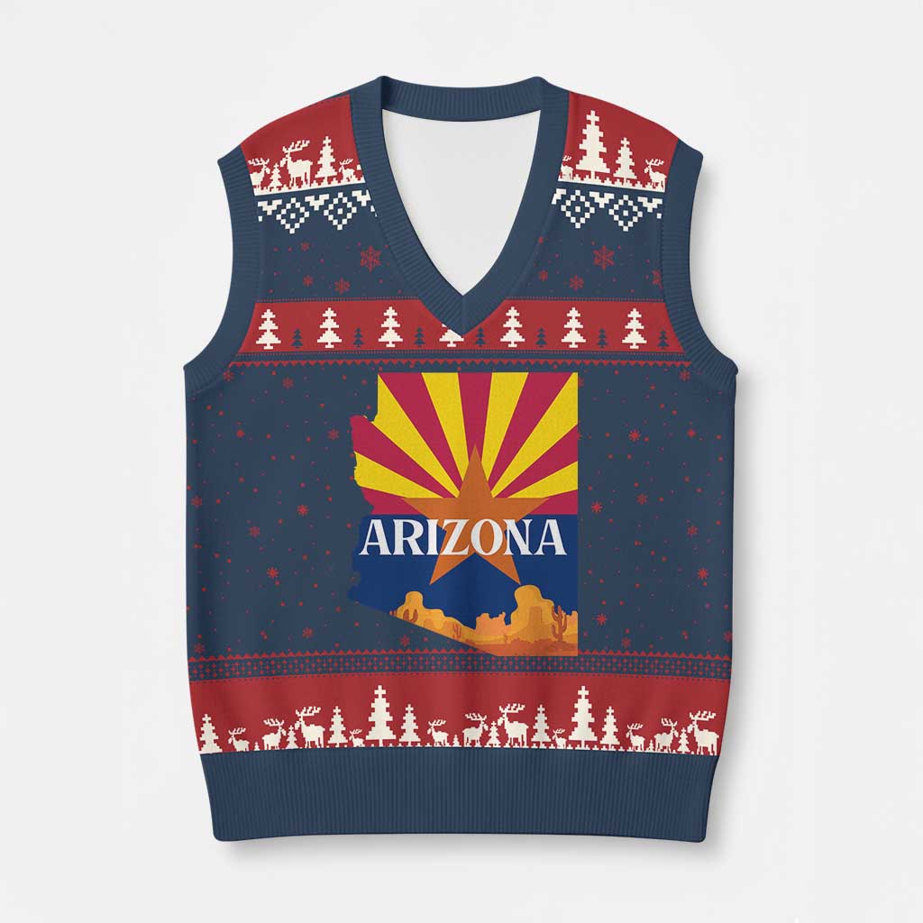 Arizona State Flag Map Graphic V-Neck Knit Sweater Vest Southwest Sunburst Cactus State Pride Souvenir