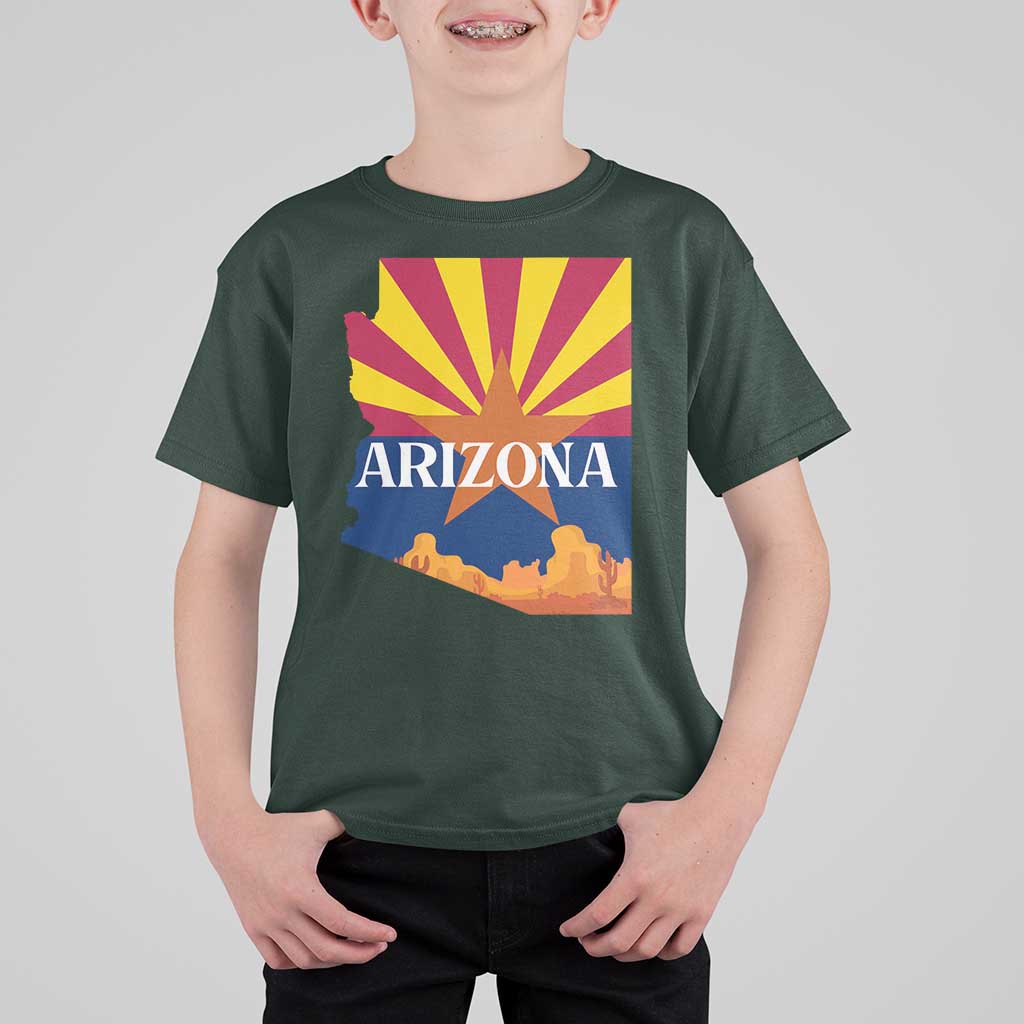 Arizona State Flag Map Graphic T Shirt For Kid Southwest Sunburst Cactus State Pride Souvenir