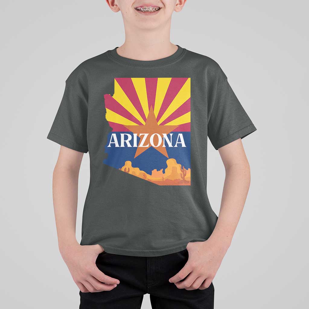 Arizona State Flag Map Graphic T Shirt For Kid Southwest Sunburst Cactus State Pride Souvenir