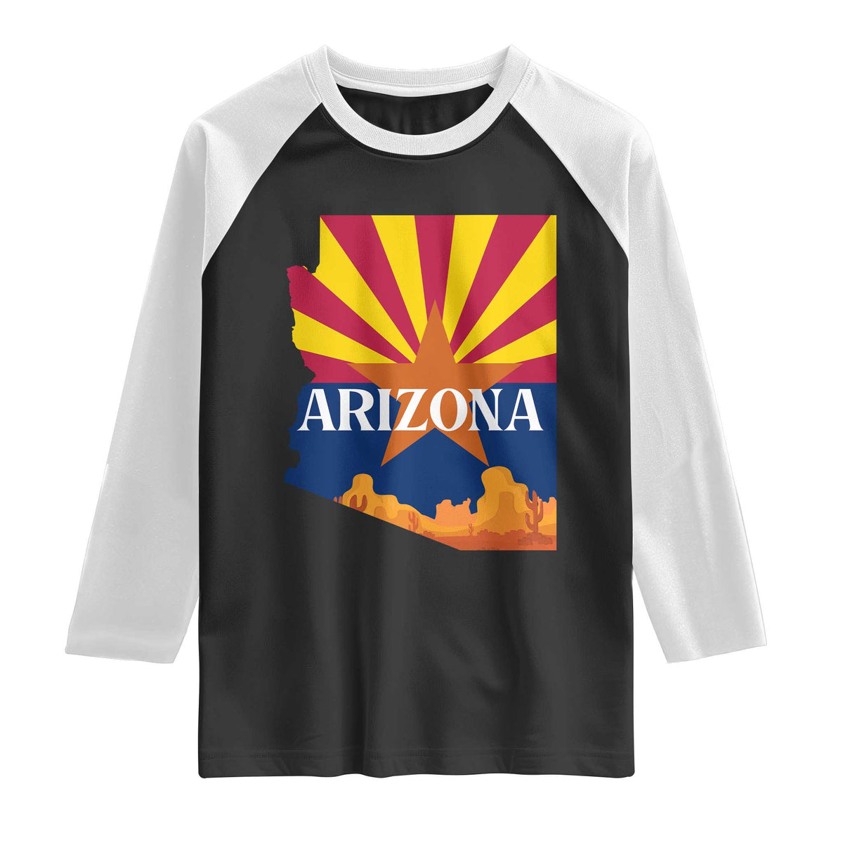 Arizona State Flag Map Graphic Raglan Shirt Southwest Sunburst Cactus State Pride Souvenir