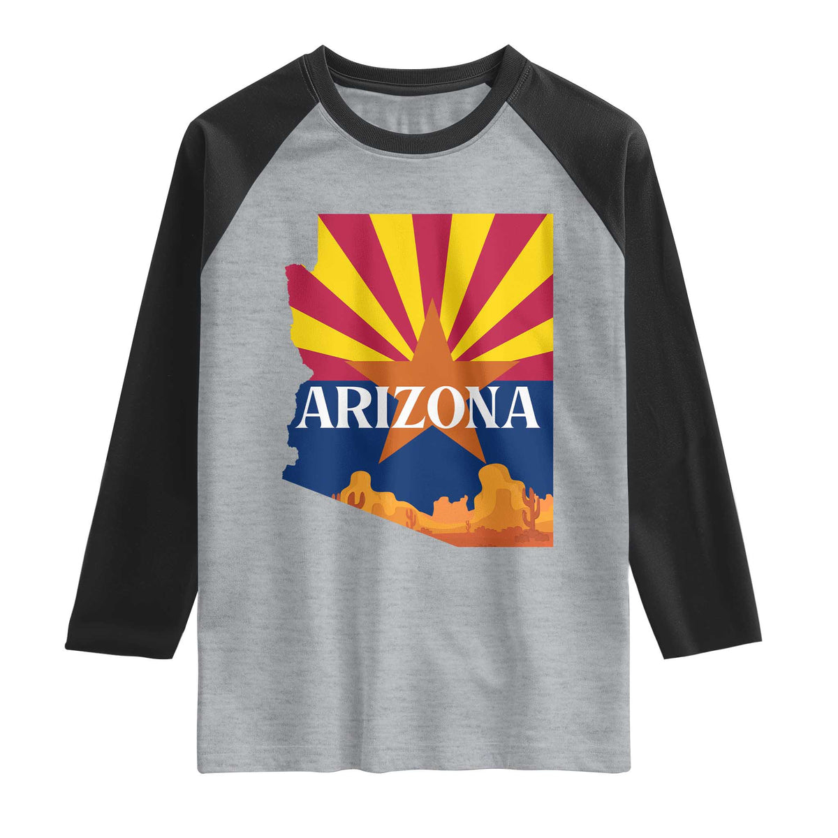 Arizona State Flag Map Graphic Raglan Shirt Southwest Sunburst Cactus State Pride Souvenir
