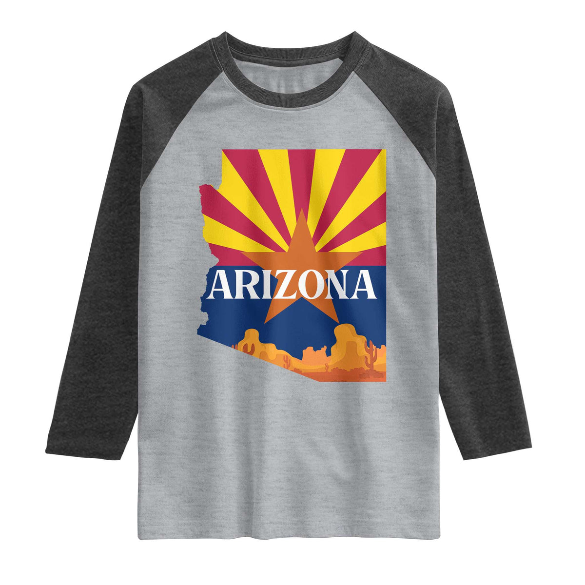 Arizona State Flag Map Graphic Raglan Shirt Southwest Sunburst Cactus State Pride Souvenir