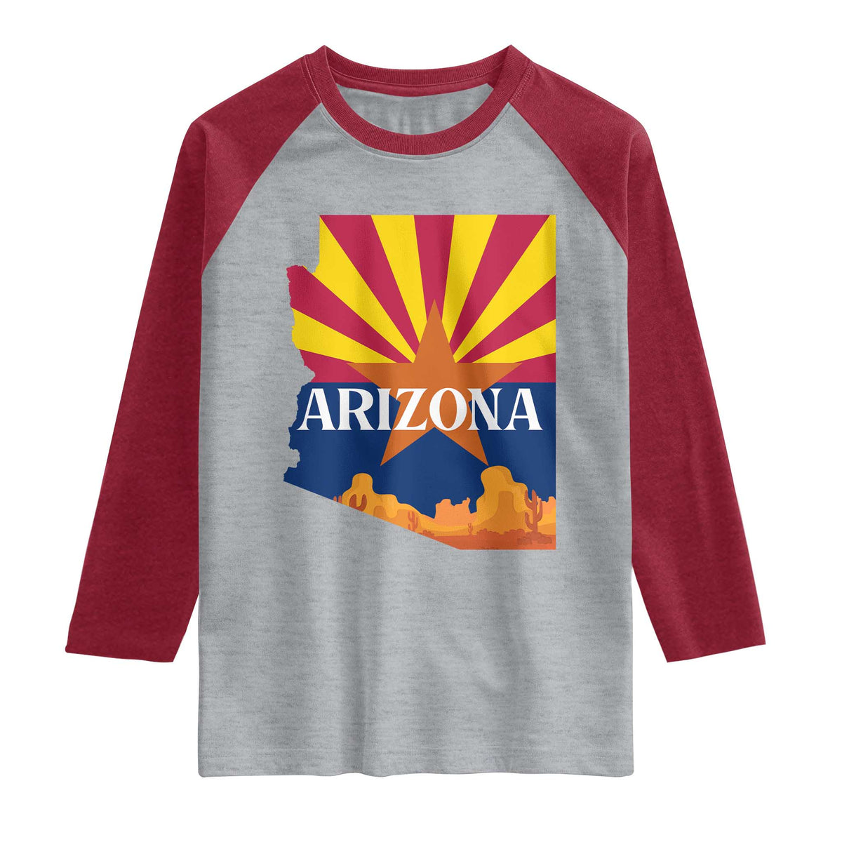 Arizona State Flag Map Graphic Raglan Shirt Southwest Sunburst Cactus State Pride Souvenir