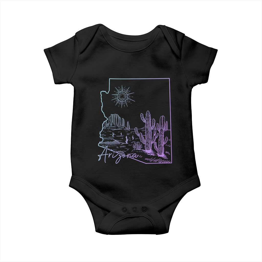Glowing Arizona State Map Outline Graphic Baby Onesie Neon Gradient Cactus Desert Travel Souvenir