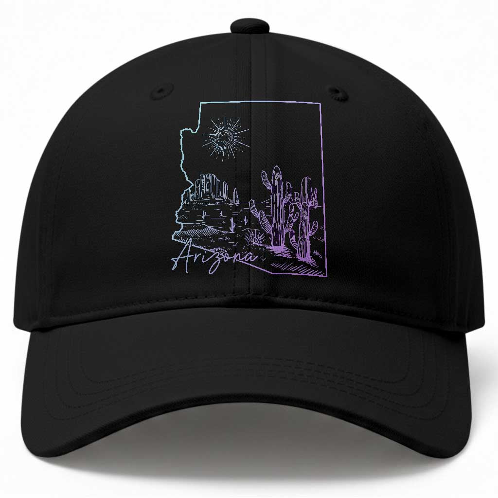Glowing Arizona State Map Outline Graphic Baseball Cap Neon Gradient Cactus Desert Travel Souvenir
