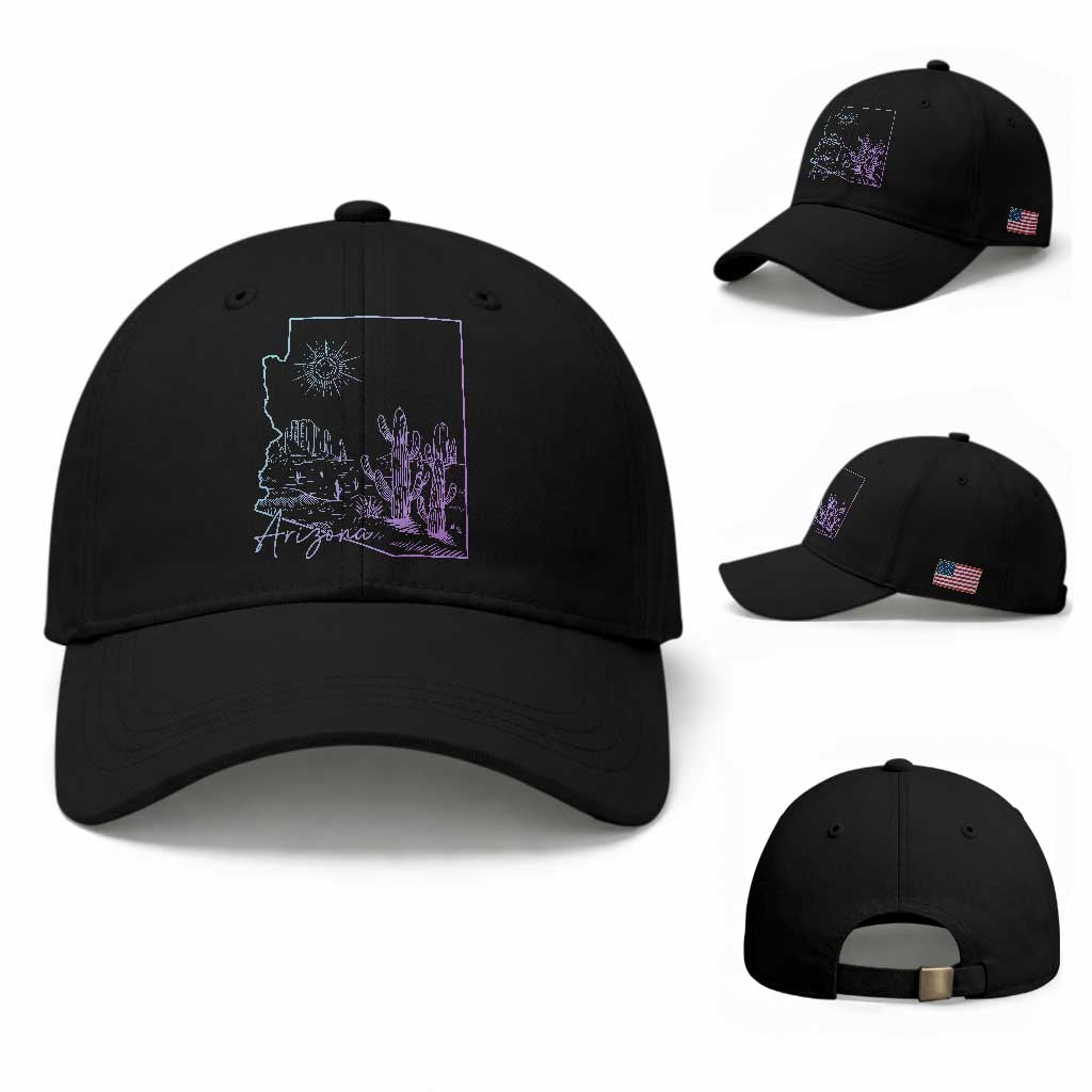 Glowing Arizona State Map Outline Graphic Baseball Cap Neon Gradient Cactus Desert Travel Souvenir