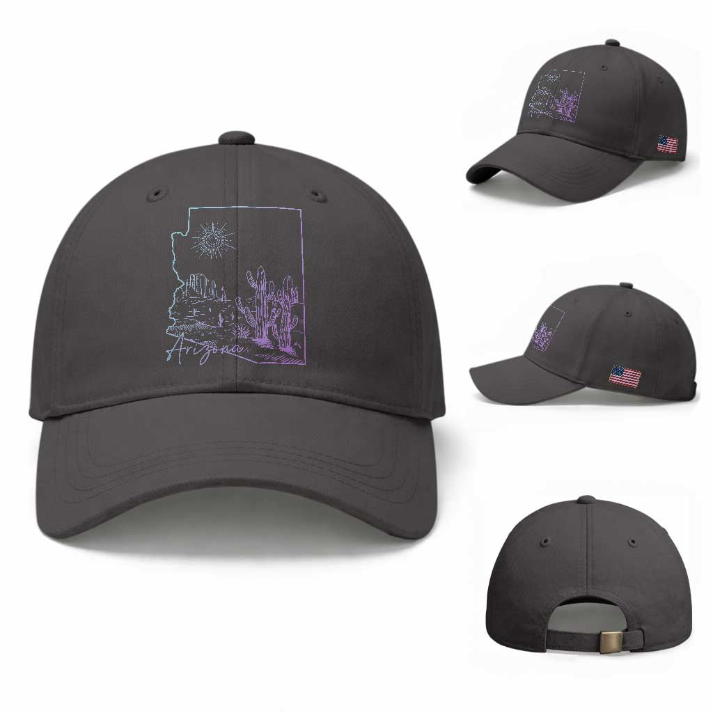 Glowing Arizona State Map Outline Graphic Baseball Cap Neon Gradient Cactus Desert Travel Souvenir