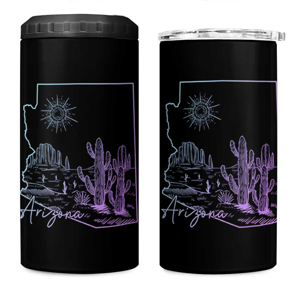 Glowing Arizona State Map Outline Graphic 4 in 1 Can Cooler Tumbler Neon Gradient Cactus Desert Travel Souvenir