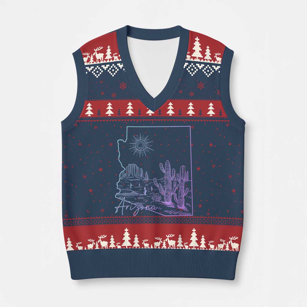 Glowing Arizona State Map Outline Graphic V-Neck Knit Sweater Vest Neon Gradient Cactus Desert Travel Souvenir