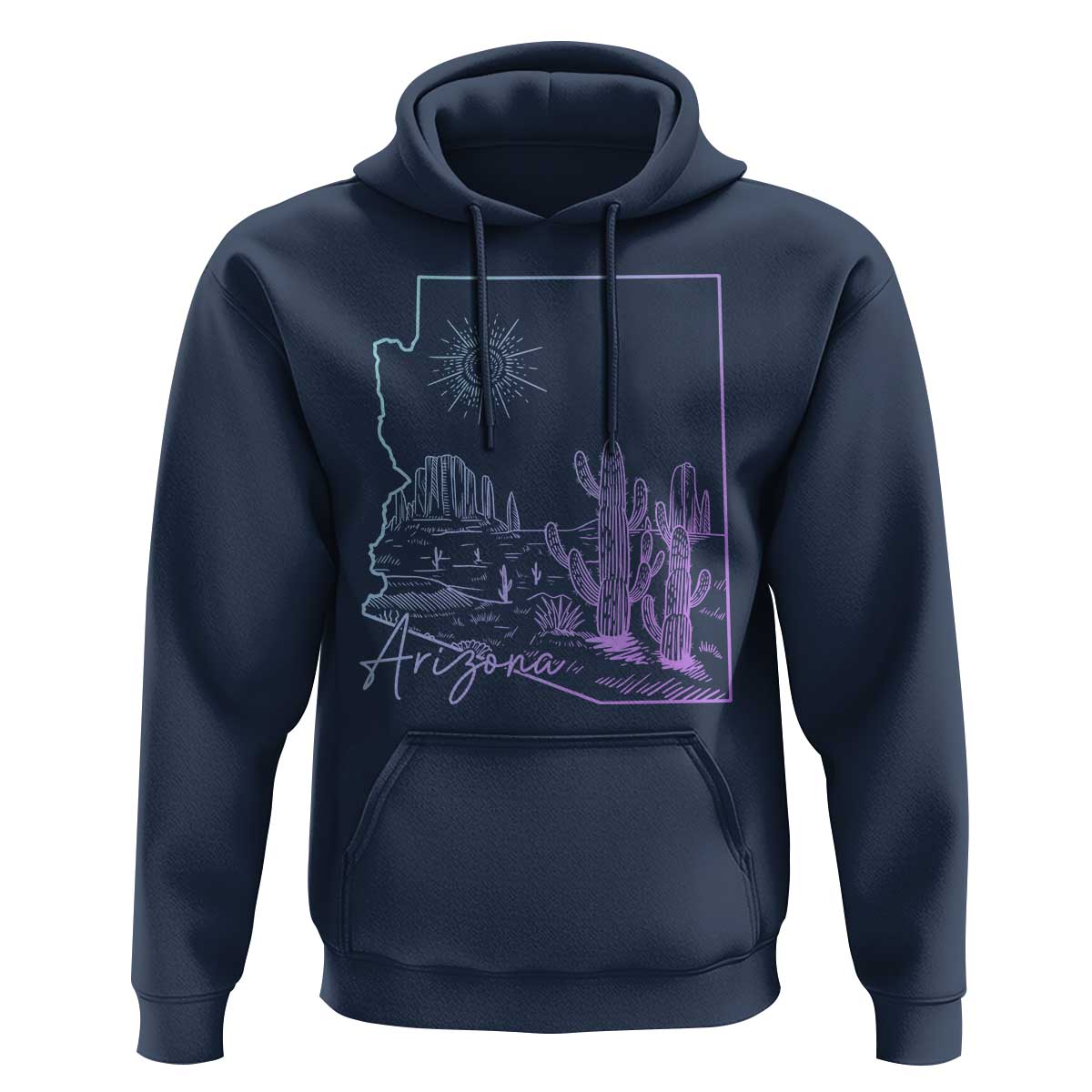 Glowing Arizona State Map Outline Graphic Hoodie Neon Gradient Cactus Desert Travel Souvenir