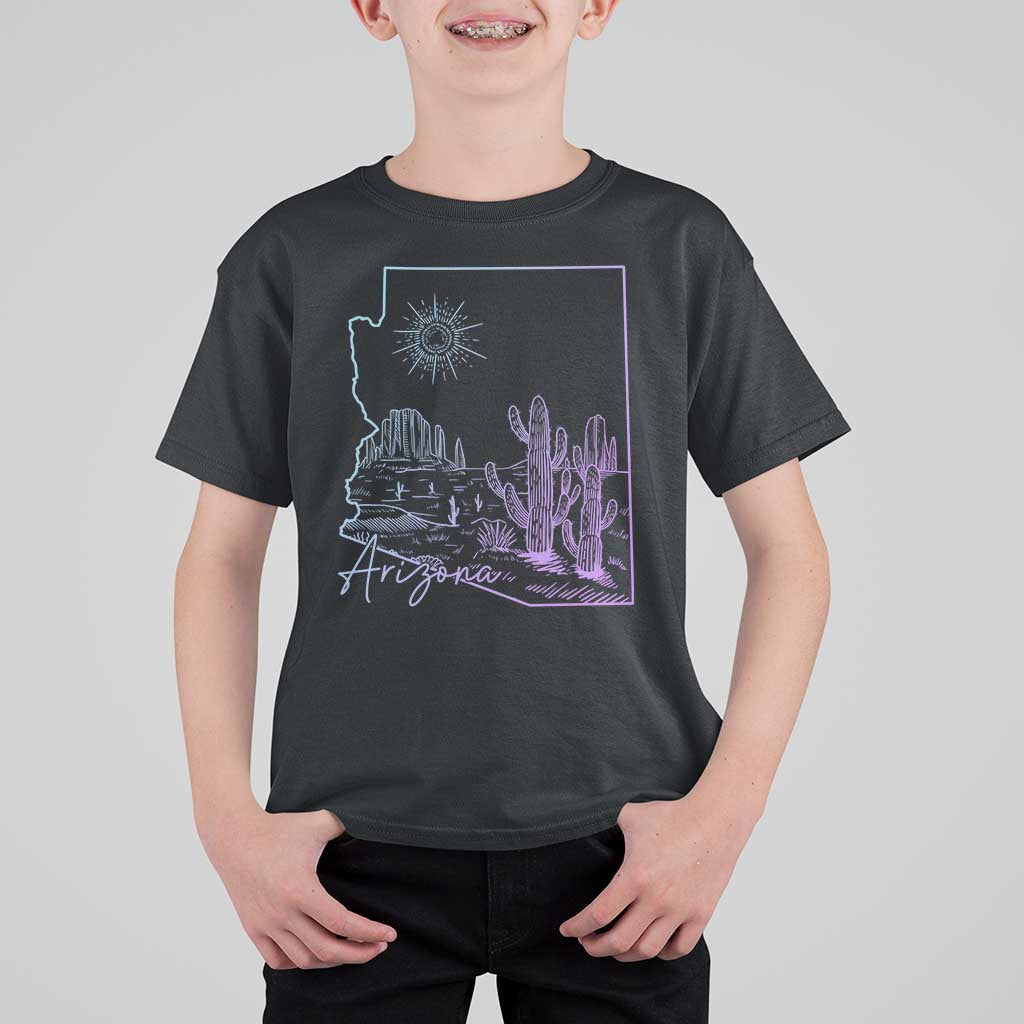 Glowing Arizona State Map Outline Graphic T Shirt For Kid Neon Gradient Cactus Desert Travel Souvenir