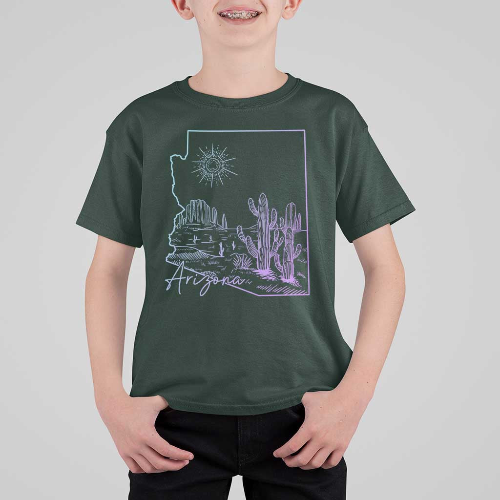 Glowing Arizona State Map Outline Graphic T Shirt For Kid Neon Gradient Cactus Desert Travel Souvenir
