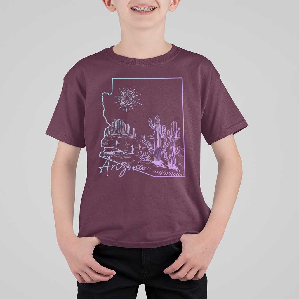 Glowing Arizona State Map Outline Graphic T Shirt For Kid Neon Gradient Cactus Desert Travel Souvenir