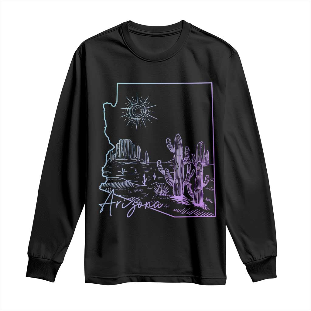 Glowing Arizona State Map Outline Graphic Long Sleeve Shirt Neon Gradient Cactus Desert Travel Souvenir