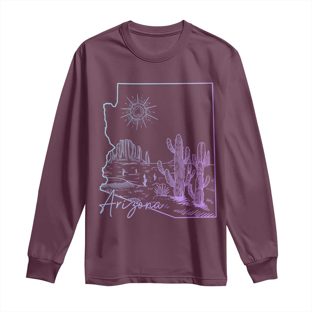 Glowing Arizona State Map Outline Graphic Long Sleeve Shirt Neon Gradient Cactus Desert Travel Souvenir