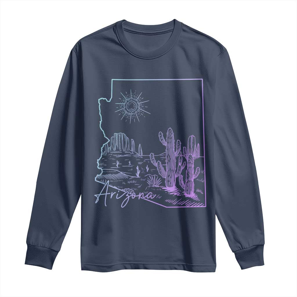 Glowing Arizona State Map Outline Graphic Long Sleeve Shirt Neon Gradient Cactus Desert Travel Souvenir