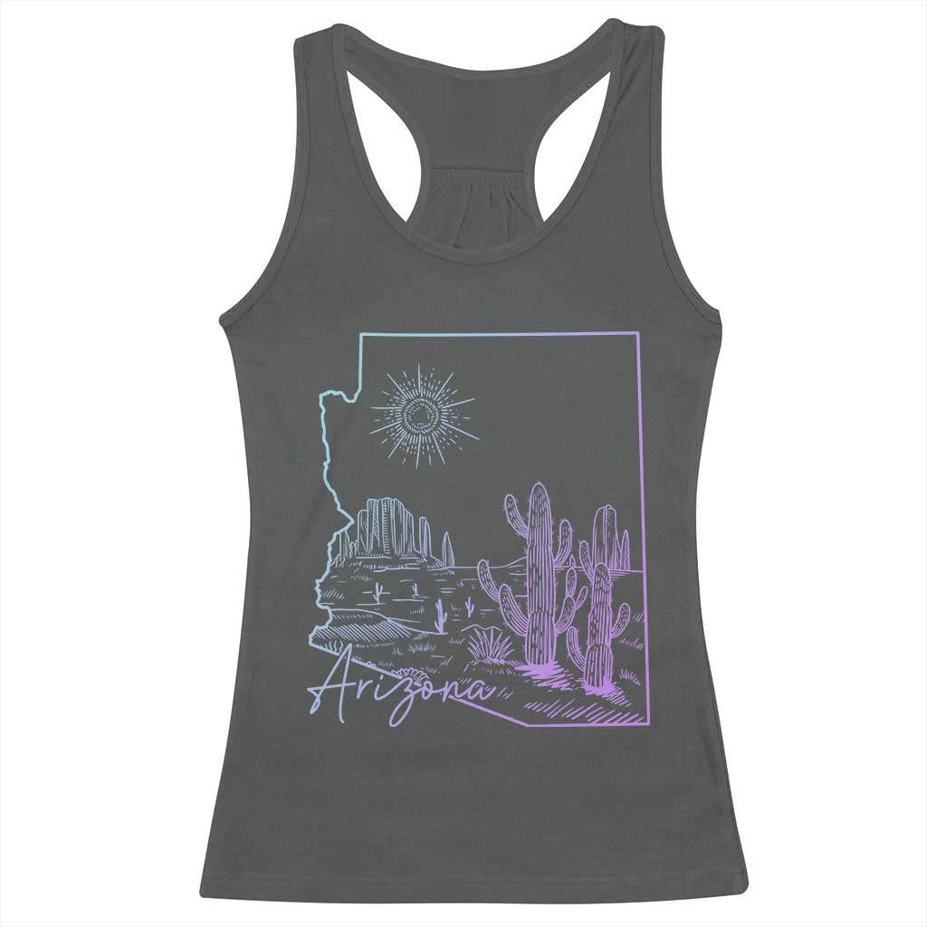 Glowing Arizona State Map Outline Graphic Racerback Tank Top Neon Gradient Cactus Desert Travel Souvenir