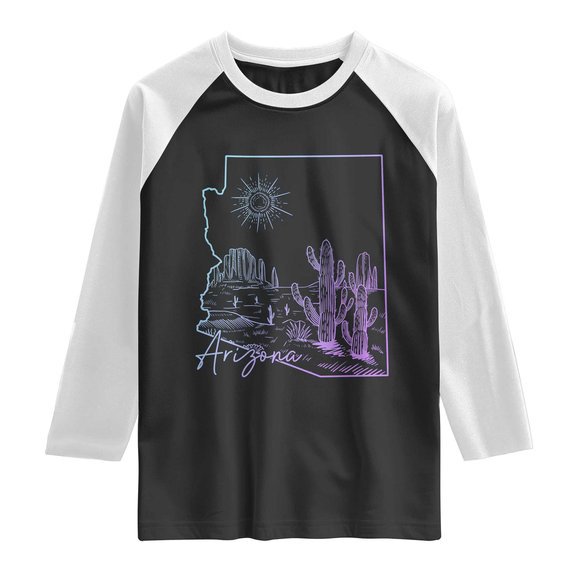 Glowing Arizona State Map Outline Graphic Raglan Shirt Neon Gradient Cactus Desert Travel Souvenir