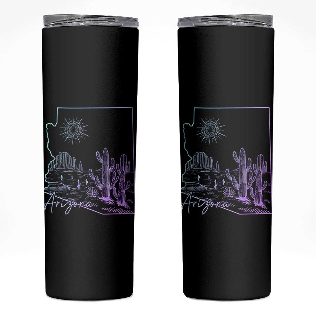 Glowing Arizona State Map Outline Graphic Skinny Tumbler Neon Gradient Cactus Desert Travel Souvenir