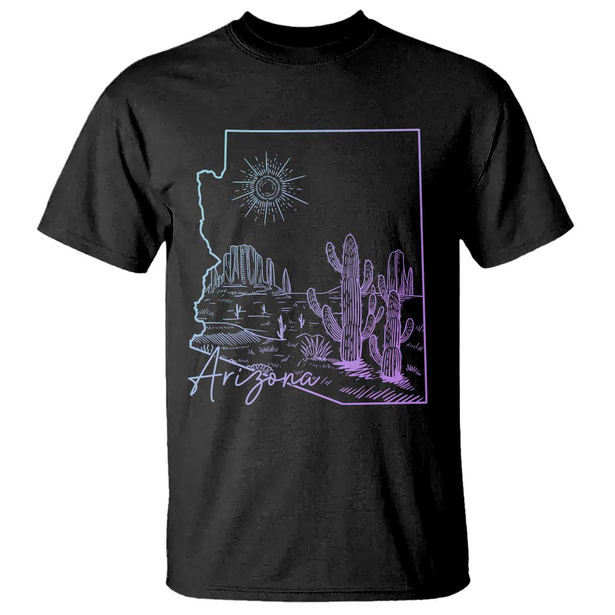 Glowing Arizona State Map Outline Graphic T Shirt Neon Gradient Cactus Desert Travel Souvenir