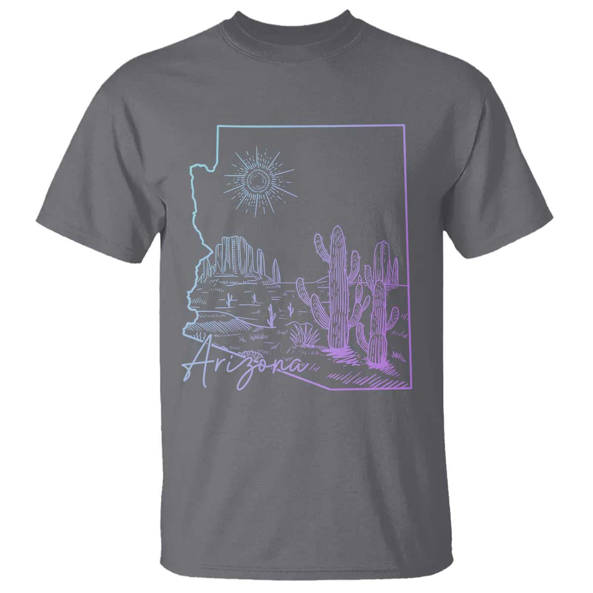 Glowing Arizona State Map Outline Graphic T Shirt Neon Gradient Cactus Desert Travel Souvenir