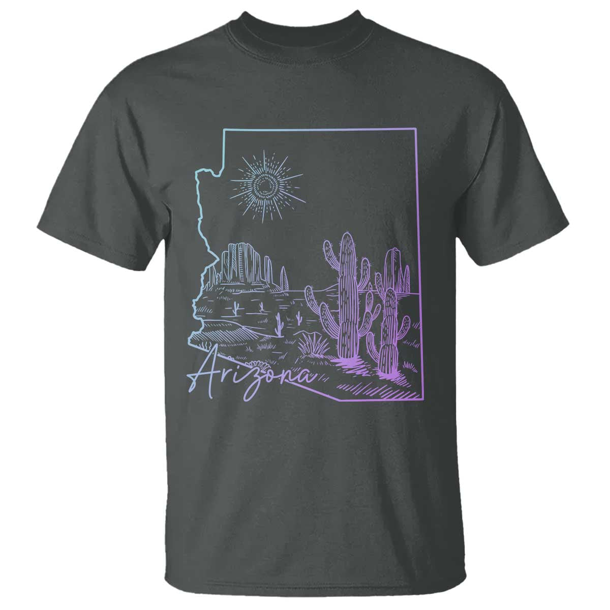 Glowing Arizona State Map Outline Graphic T Shirt Neon Gradient Cactus Desert Travel Souvenir