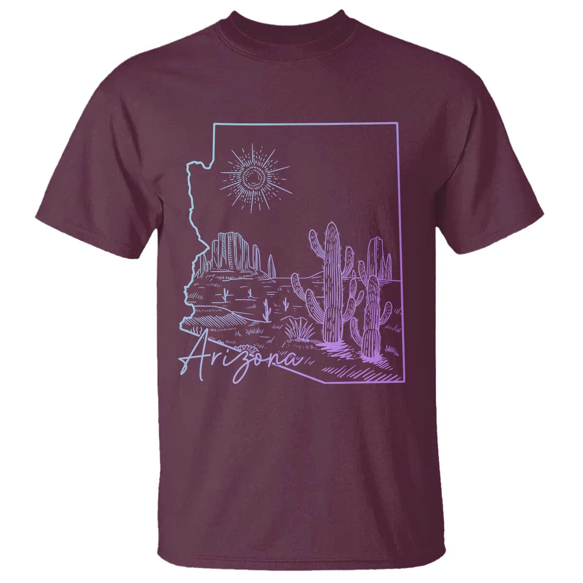 Glowing Arizona State Map Outline Graphic T Shirt Neon Gradient Cactus Desert Travel Souvenir