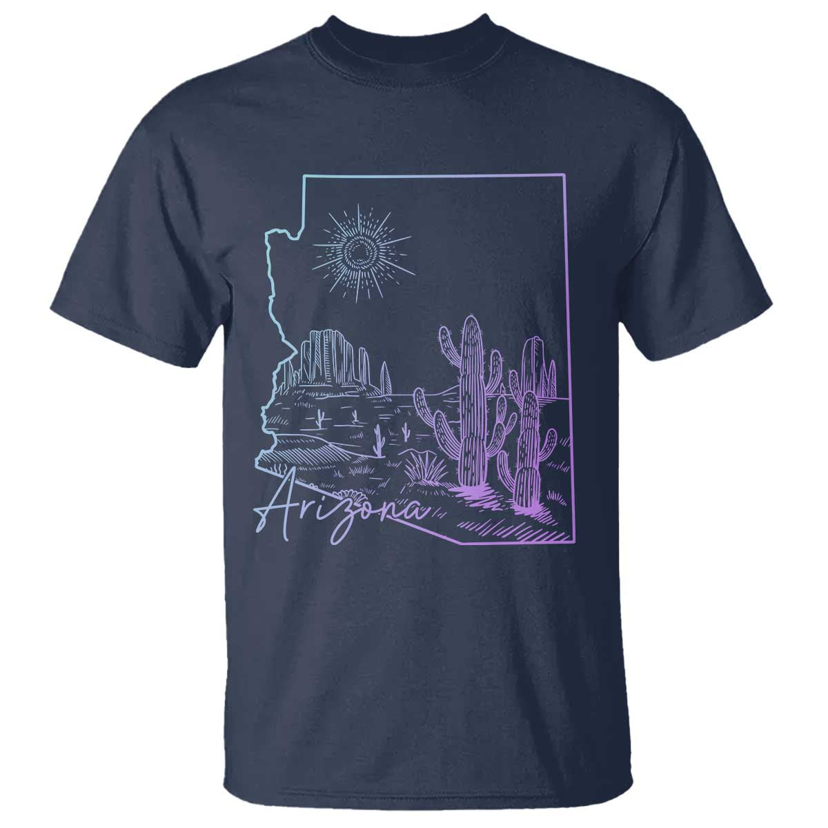 Glowing Arizona State Map Outline Graphic T Shirt Neon Gradient Cactus Desert Travel Souvenir