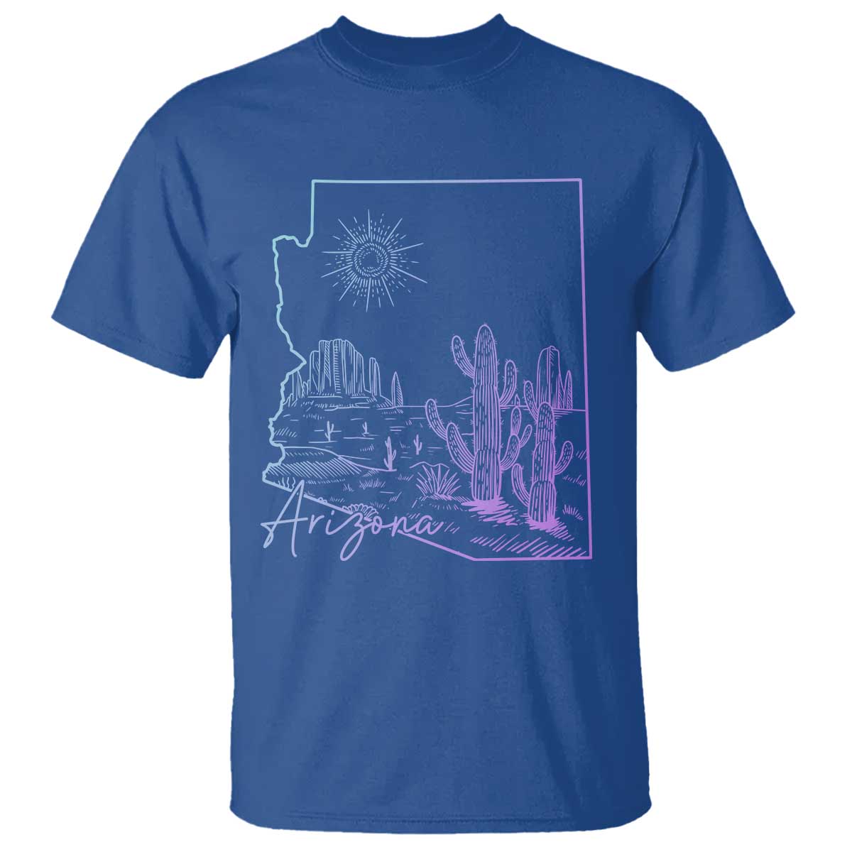 Glowing Arizona State Map Outline Graphic T Shirt Neon Gradient Cactus Desert Travel Souvenir