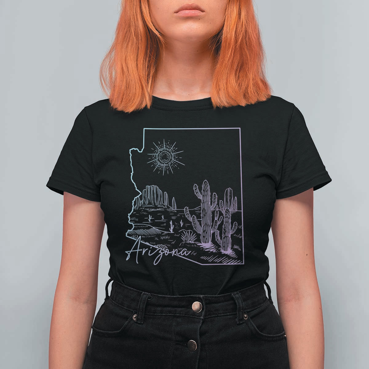 Glowing Arizona State Map Outline Graphic T Shirt For Women Neon Gradient Cactus Desert Travel Souvenir