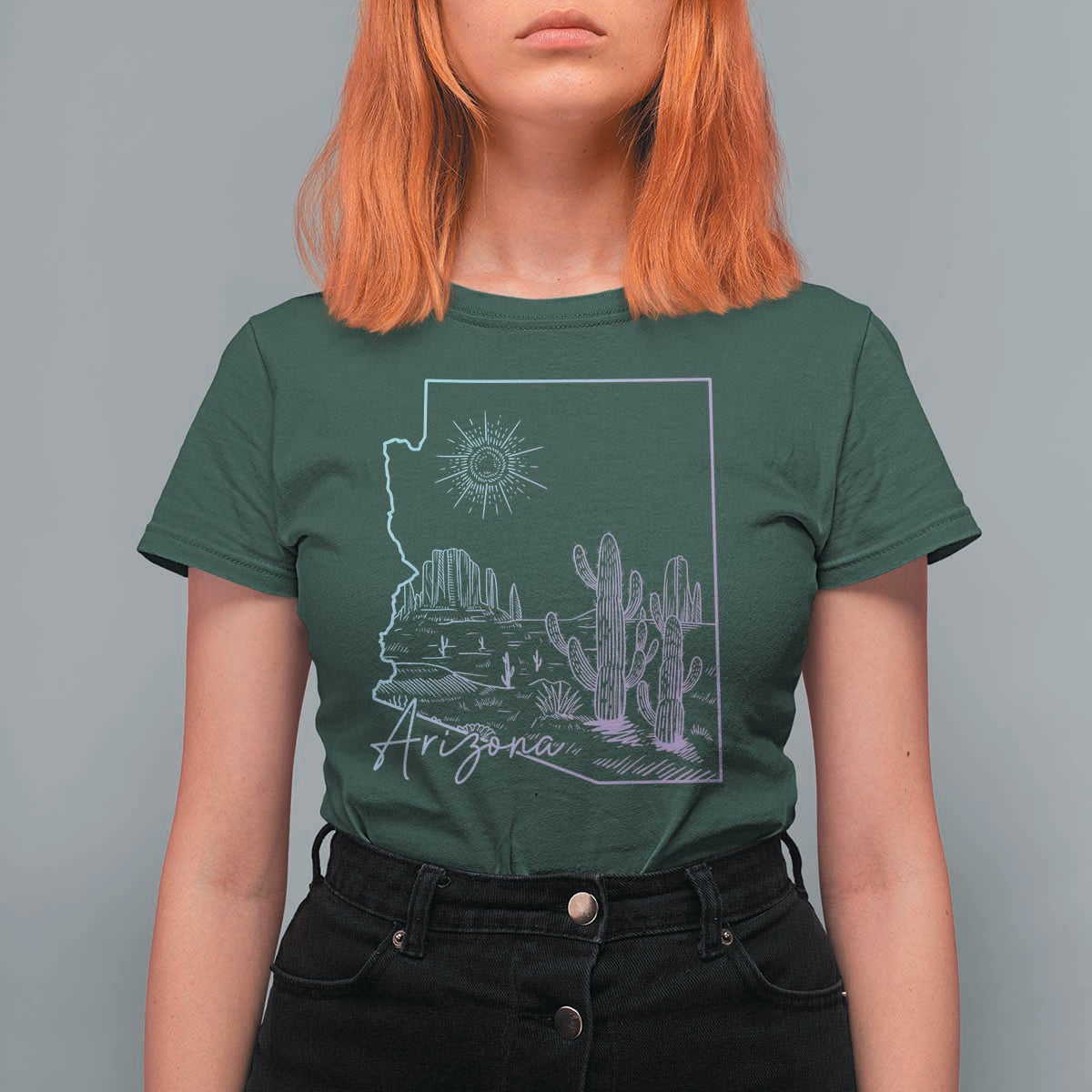 Glowing Arizona State Map Outline Graphic T Shirt For Women Neon Gradient Cactus Desert Travel Souvenir