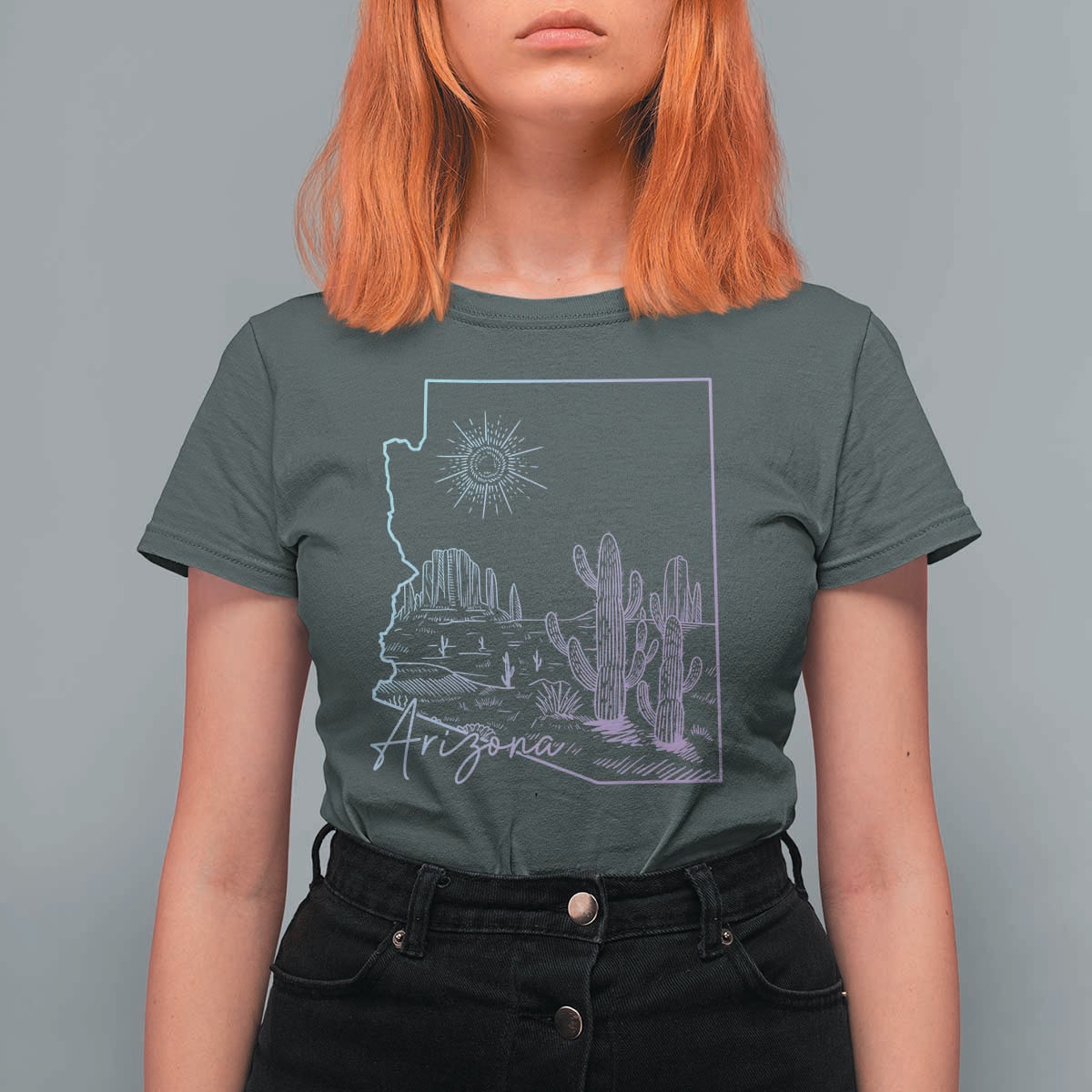 Glowing Arizona State Map Outline Graphic T Shirt For Women Neon Gradient Cactus Desert Travel Souvenir