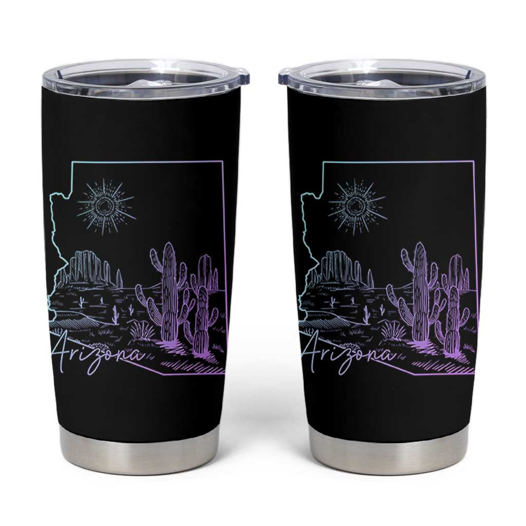 Glowing Arizona State Map Outline Graphic Tumbler Cup Neon Gradient Cactus Desert Travel Souvenir