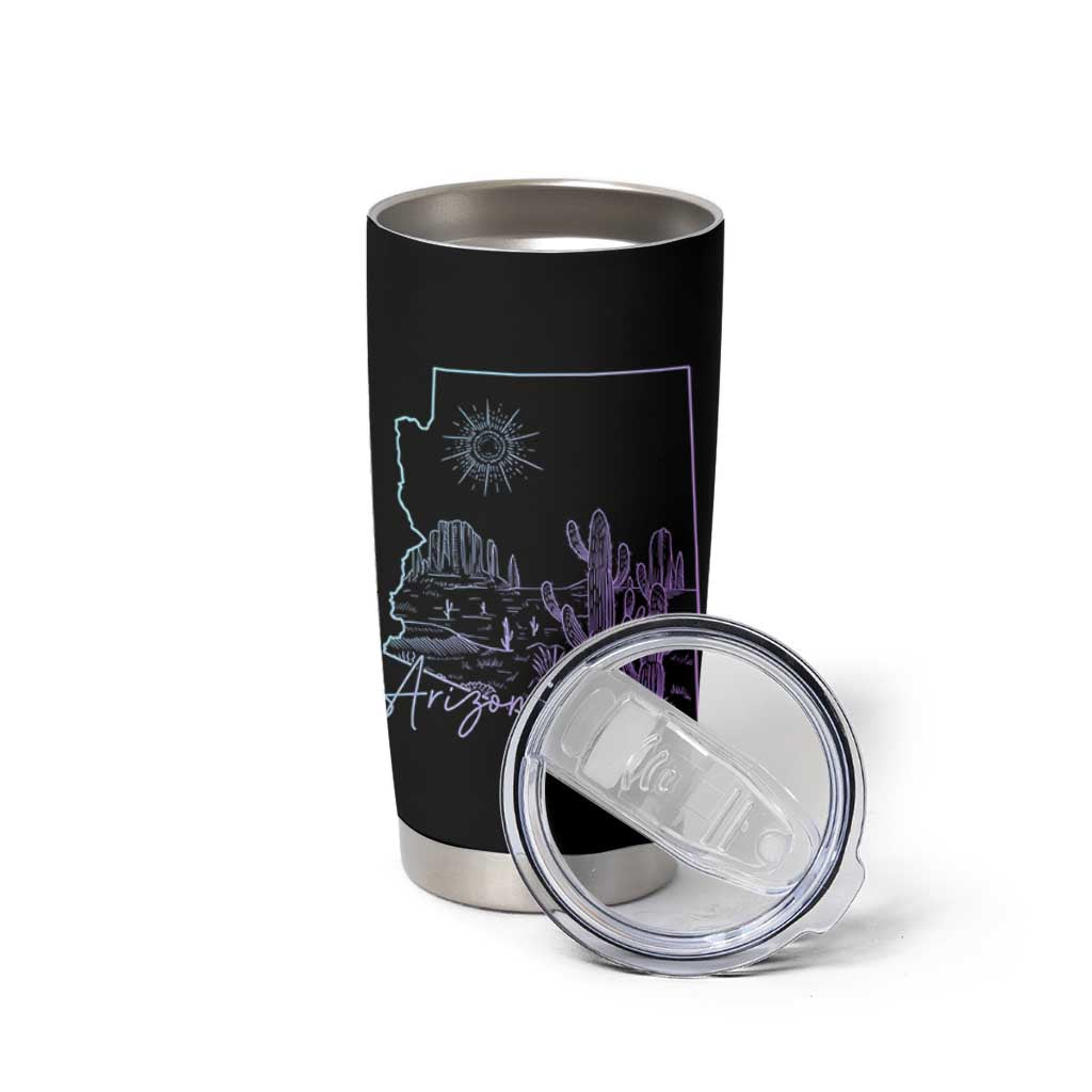 Glowing Arizona State Map Outline Graphic Tumbler Cup Neon Gradient Cactus Desert Travel Souvenir