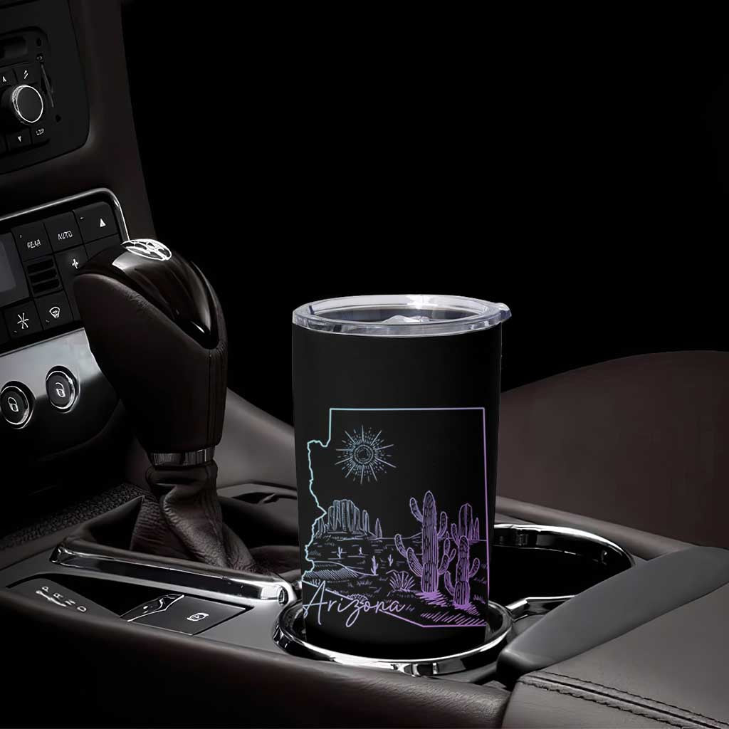 Glowing Arizona State Map Outline Graphic Tumbler Cup Neon Gradient Cactus Desert Travel Souvenir