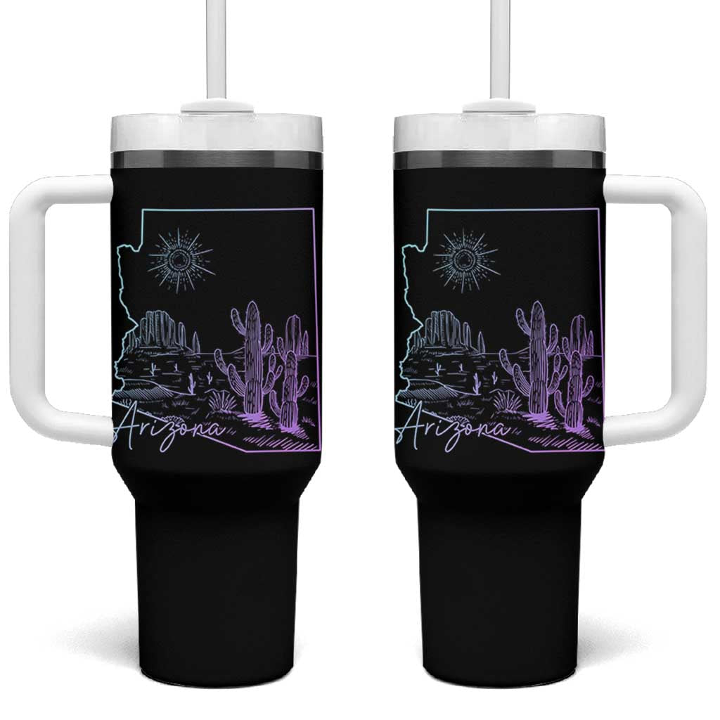 Glowing Arizona State Map Outline Graphic Tumbler With Handle Neon Gradient Cactus Desert Travel Souvenir