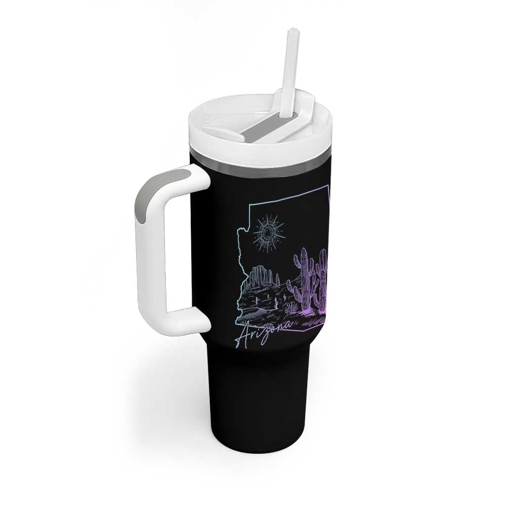 Glowing Arizona State Map Outline Graphic Tumbler With Handle Neon Gradient Cactus Desert Travel Souvenir