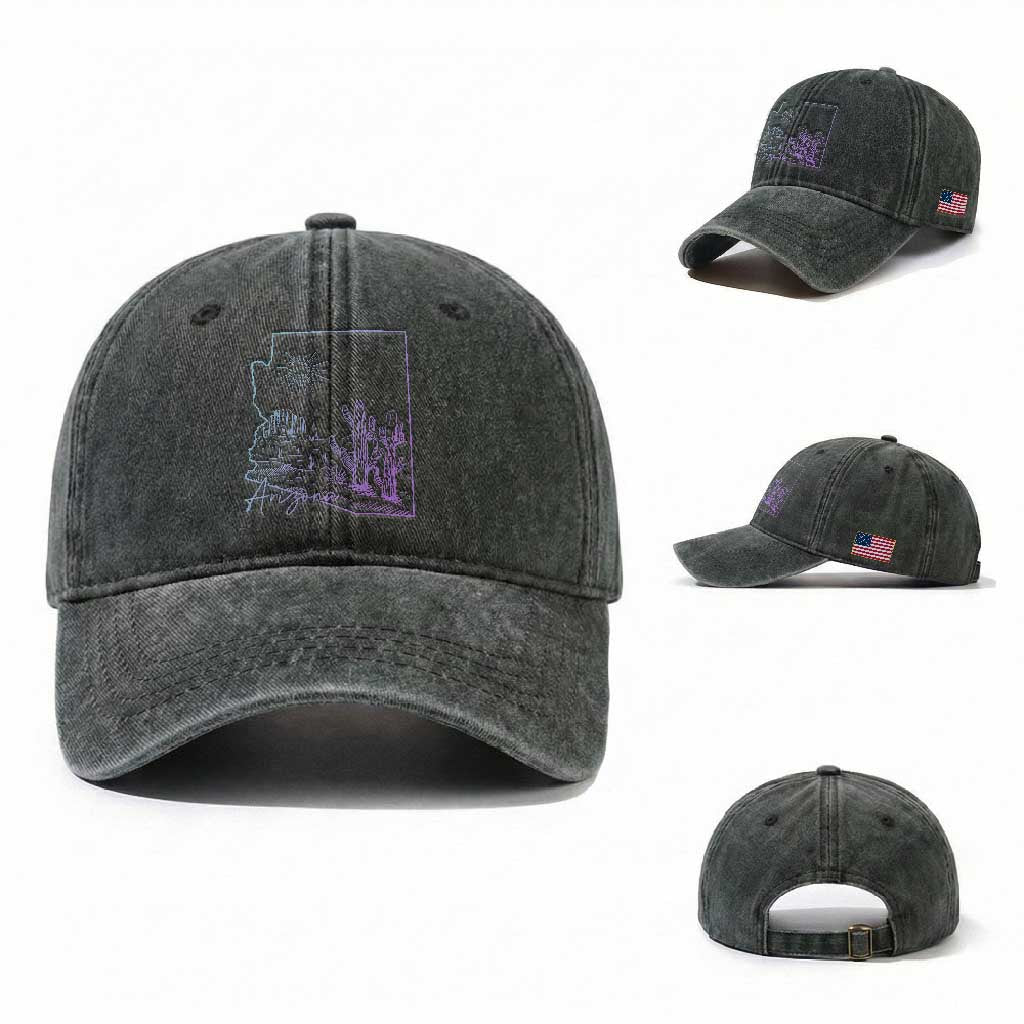 Glowing Arizona State Map Outline Graphic Washed Cotton Baseball Cap Neon Gradient Cactus Desert Travel Souvenir