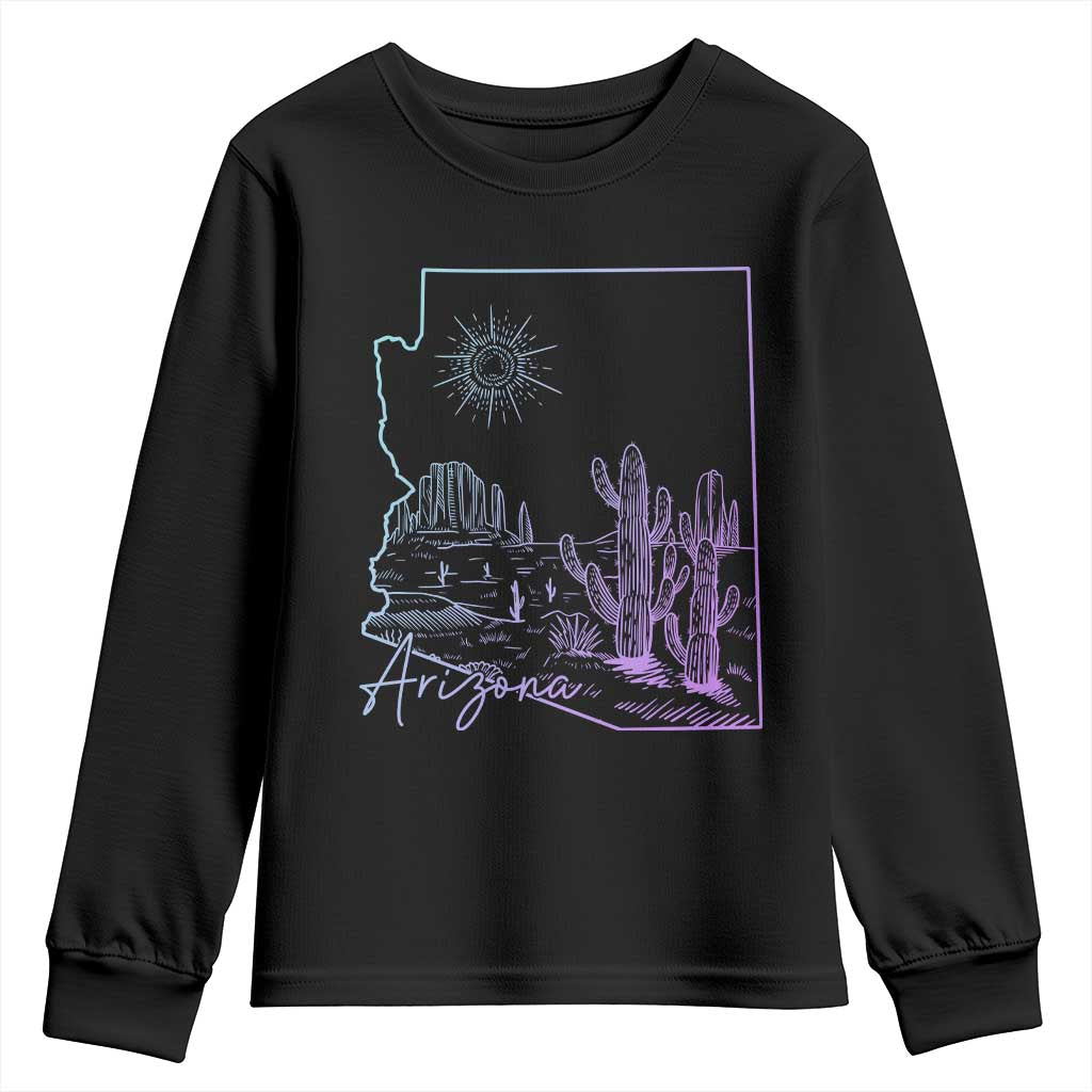 Glowing Arizona State Map Outline Graphic Youth Sweatshirt Neon Gradient Cactus Desert Travel Souvenir