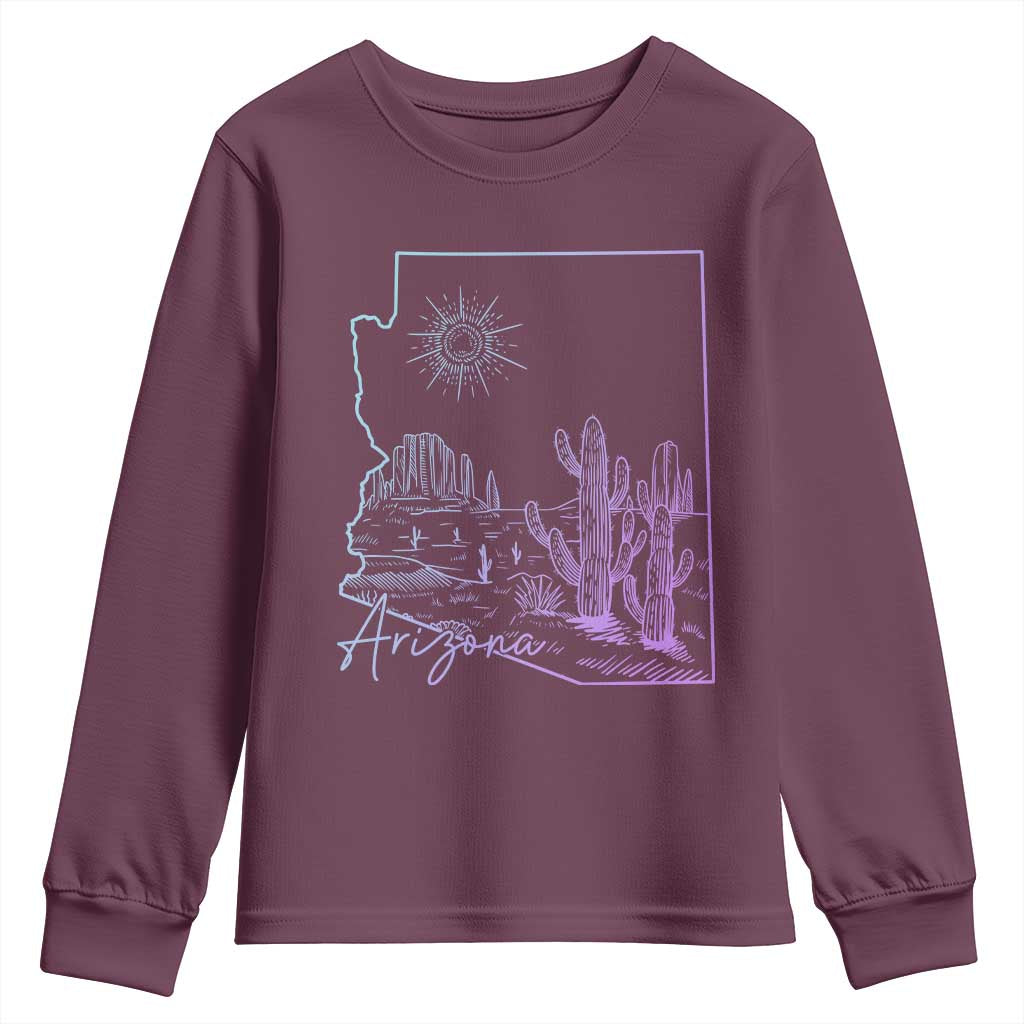 Glowing Arizona State Map Outline Graphic Youth Sweatshirt Neon Gradient Cactus Desert Travel Souvenir