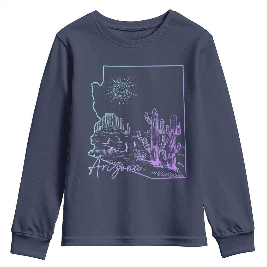 Glowing Arizona State Map Outline Graphic Youth Sweatshirt Neon Gradient Cactus Desert Travel Souvenir