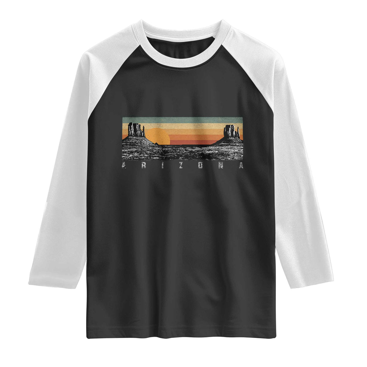 Retro Arizona Sunset Monument Valley Graphic Raglan Shirt Panoramic Desert Red Rocks Landscape Souvenir